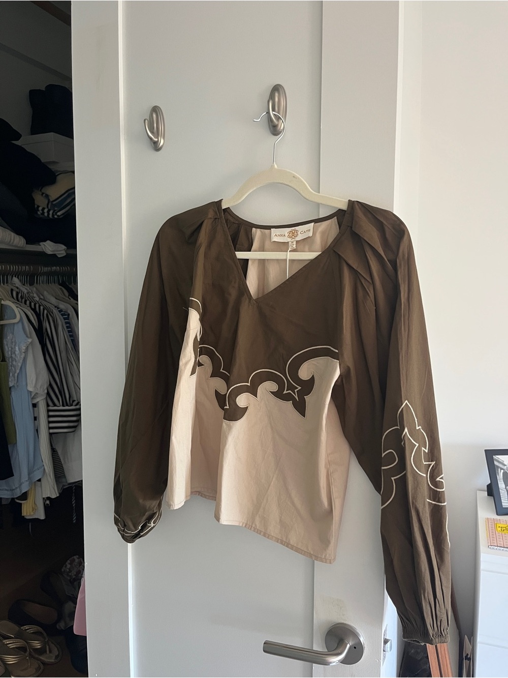 Two-Tone Brown & Cream Printed Long-Sleeve Blouse